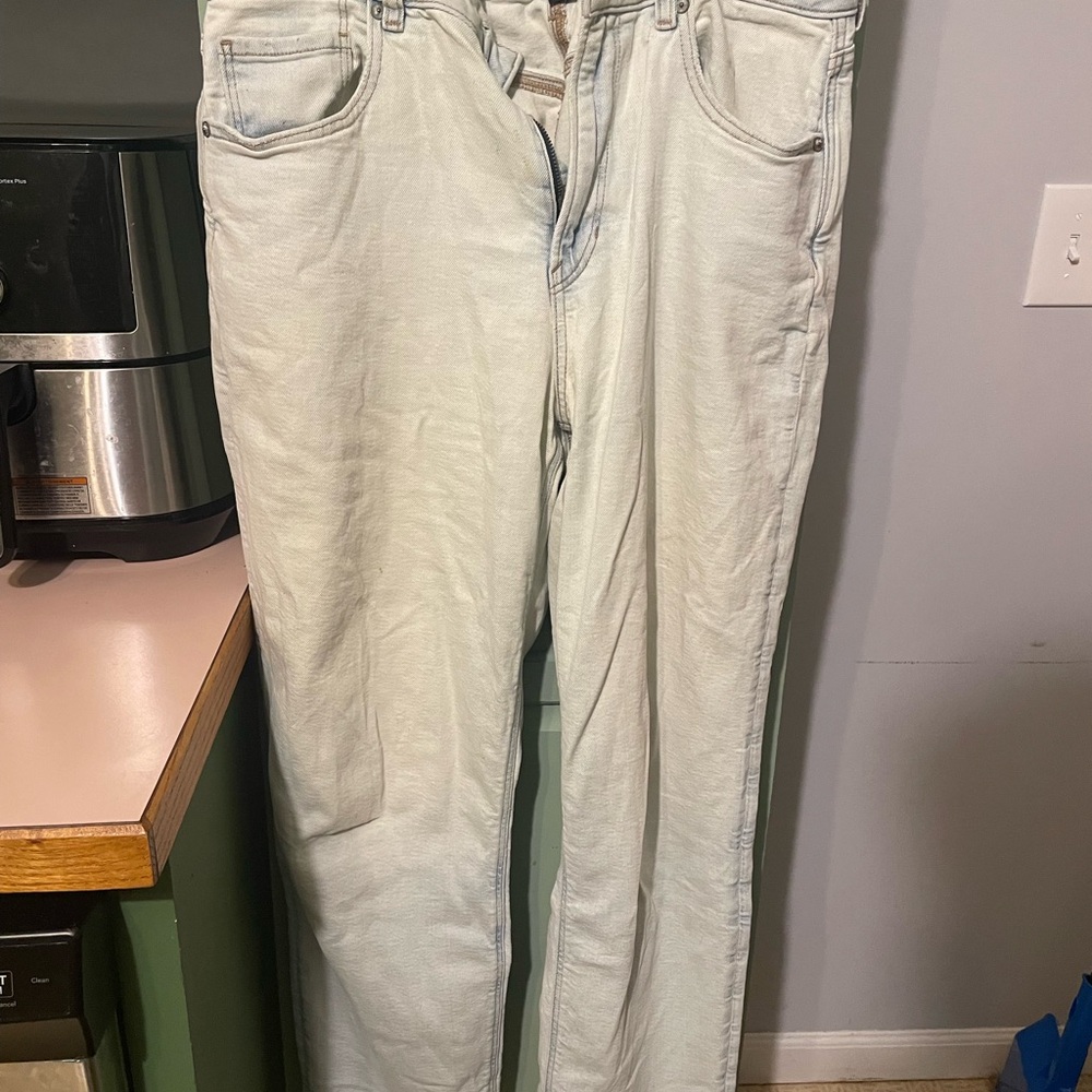 American Eagle Light Wash Stretch Mom Straight Jean with Missing Button